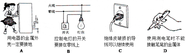 【解析】A、有金属外壳的用电器接地线是为了防止触电事故的发生.符合题意.B、控制灯泡的开关应接在火线和灯泡之间,此选项不符合安全用电原则;C绝缘皮破损的导线不能再使用,会漏电,使人触电,故C错;D使用测电笔辨别火线时,一定要用手触及笔尾的金属部分,不能用手触及测电笔前端的金属探头,否则会造成人身触电事故.故D错误。