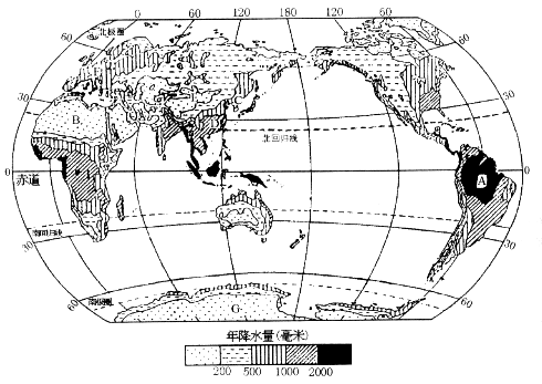 【题文】读"世界年降水量分布图",回答下列问题