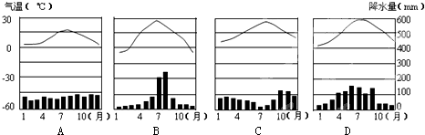 下列四幅气温曲线和降水柱状图中,能正确反映济南气候