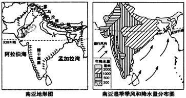 【题文】读"南亚地形图""南亚雨季季风和降水量分布图""南亚农产品