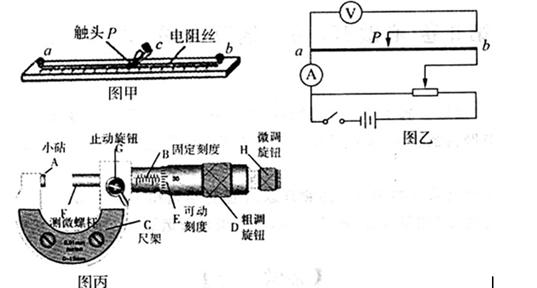 用螺旋测微器测电阻丝的直径时,先转动__________使测微螺杆F接近被测电阻丝,再转动__________夹住被测物,直到棘轮发出声音为止,拨动________使F固定后读数.(填仪器部件的字母符号) 根据原理图乙,用笔画线代替导线,将实物图连接成实验电路(见答题纸)。 闭合开关后,滑动变阻器触头调至一合适位置后不动,多次改变P的位置,得到几组U、I、L的数据,用