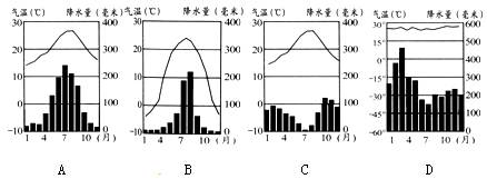 【题文】下列四幅气温曲线和降水柱状图中,能正确反映北京气候特征的