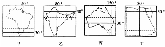 下图为四个国家的轮廓简图,每个图中标示了一些典型经
