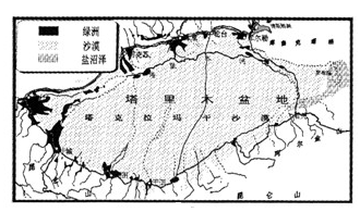 读塔里木盆地的沙漠与绿洲图,回答以下小题.