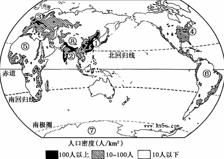 读世界人口分布图(下图),完成下题.