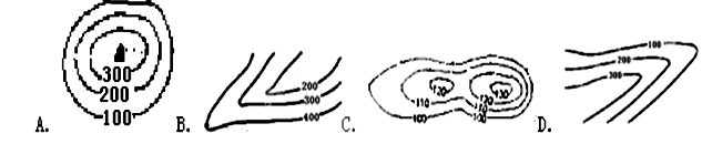 【题文】下图是山地不同部位的等高线示意图,四图中属于山谷的是( )