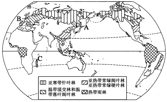 【题文】读"世界森林植被分布示意图",回答下列问题.(12分)