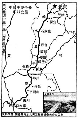 下图为南水北调中线工程线路图.读图回答问题:(8分)