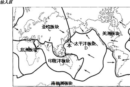 读图，回答问题(1)在如图中填出六大板块的名称.(2)日本多火山地震，是因为其位于图中哪两个板块交界处______A、A、C板块B、D、E板块 C、C、D板块D – 新东方在线网络课堂