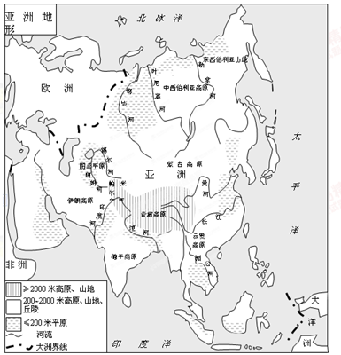 读亚洲地形图,完成下列要求:(14分)(1)从海陆位