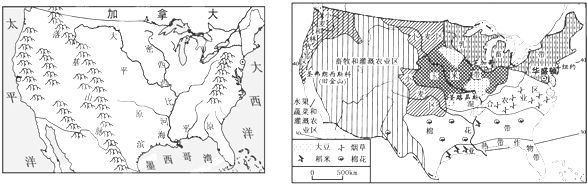 读下面本土地形,河流分布示意图(左图)和农业带分布图(右图)