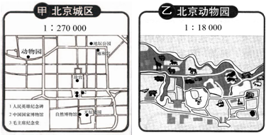 乙图表示的范围大 c.动物园在北京城区的东北方向 d.甲图的比例尺小