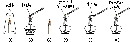 实验用品:酒精灯,蜡烛,玻璃杯,镊子,水,酒精,小木条,煤块,棉花球等.