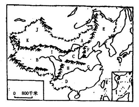 读"中国地形分布示意图",回答(6分)