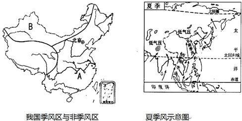 读我国季风区与非季风区和夏季风示意图,完成以下要求:(每空2分,共24