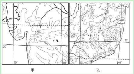 读"甲,乙两地区等高线分布示意图",回答3—4题.