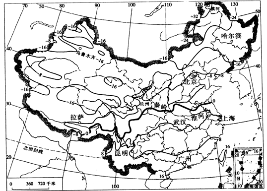 读我国一月平均气温图,回答下列问题:(1)0℃等温线