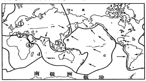 读全球板块分布示意图,回答下列问题.(10分)