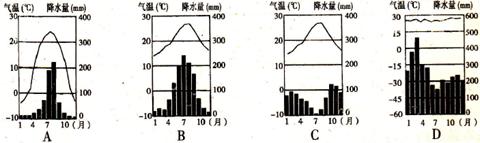 下列四幅气温曲线和降水柱状图中,反映地中海气候特征的是