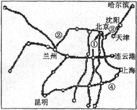 读我国铁路线分布示意图,回答下列问题(7分)