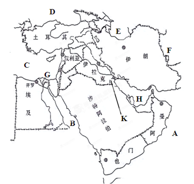 读"西亚地区图",完成下列各题(10分)