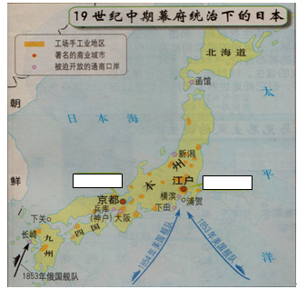 仔细观察下面的《19世纪幕府统治下的日本》示意图,请将下列地点的