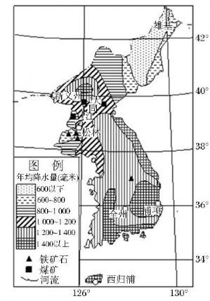 图反映了朝鲜半岛的部分地理要素分布状况,表是图所示区域四个代表性