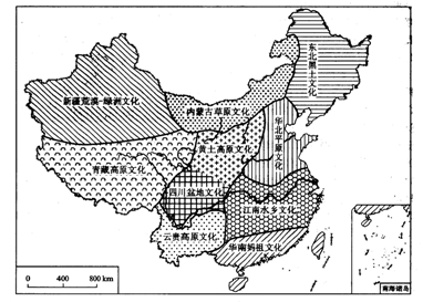 读"中国生态文化区分布图示意图",完成12～14题.