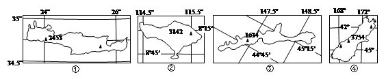 读世界某些岛屿或大陆轮廓示意图(下图),回答1—3题.