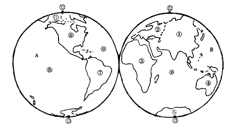 读"大洲大洋轮廓图",完成下列各题.