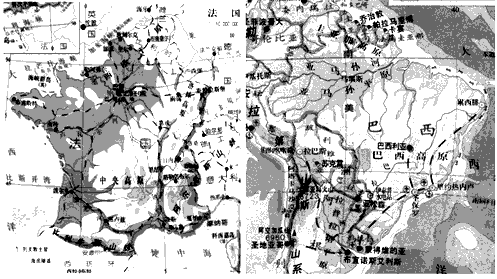 下列是法国和巴西两国的地图,请你通过读图,按照下表的要求,完成对这