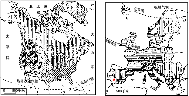 读北美气候图和欧洲西部气候图(两图的图例不完全一致