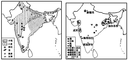 读"印度部分工业和工农业原料分布图",回答问题