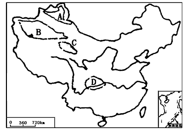 读"我国四大盆地示意图",完成下列要求.