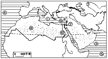 读西亚,北非地理位置图,回答