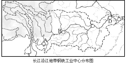 读"长江沿江地带钢铁工业中心分布图",完成下列要求.