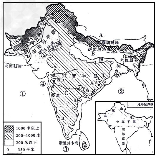 读印度地形图，回答问题。(1)图中序号所代表的地形区为:①________平原;②_______平原;③_______三角洲;④________山脉;⑤____ – 新东方在线网络课堂