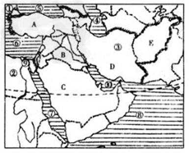 读西亚地图,写出序号或字母代表的地理事物名称