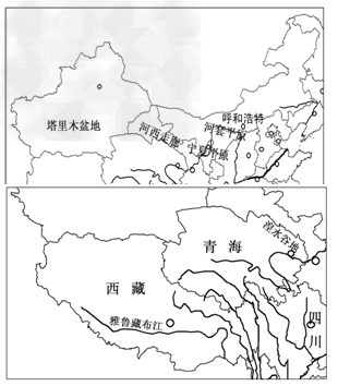 读"西北地区及青藏地区图",回答