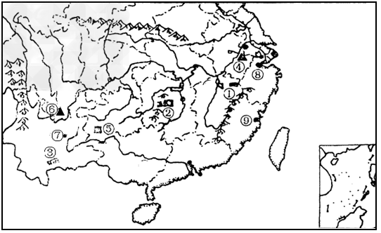 读南方地区图,写出图中数码代表的地理事物名称