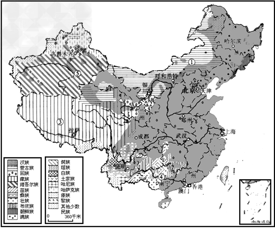 读"中国民族分布图",回答:   (1)仔细观察下图,图片