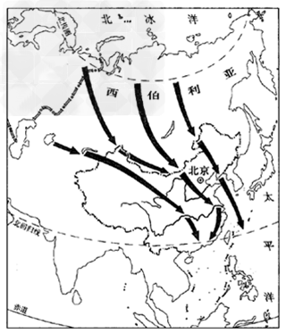 下图是"侵入我国的寒潮路径图",完成(1)——(2)题.