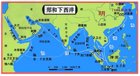 阅读郑和下西洋路线图，回答下面的问题。