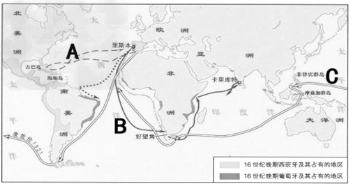 阅读下列材料: 材料一:新航路开辟示意图