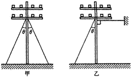 如图甲所示,为了防止电线杆发生倾斜,在两侧对称地用钢丝绳加固,每根