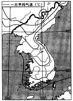 下图示意为某半岛一月等温线,读图完成1—3题.