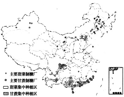 读中国制糖工业分布图,回答1~2题。 1、从图中
