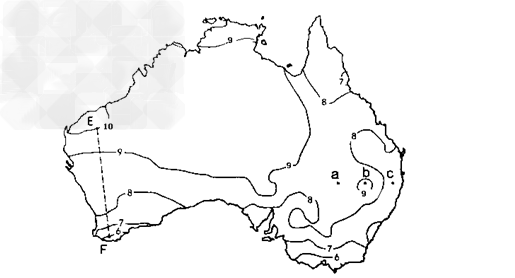 读"澳大利亚大陆多年平均每日日照时数等值线"图,回答